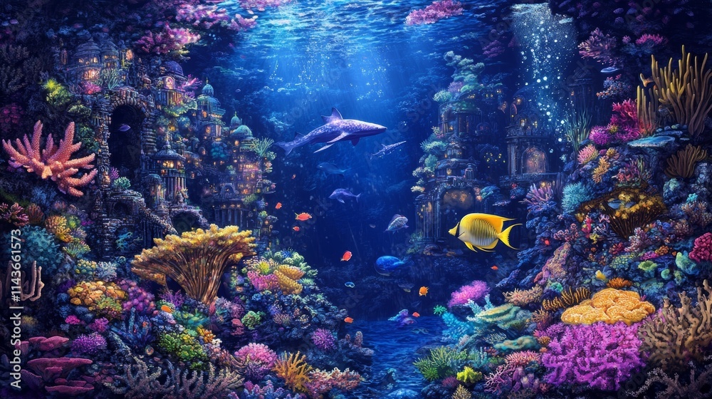 Fototapeta premium a majestic underwater city filled with glowing corals and fantastical marine creatures, the vibrant cityscape illuminated by bioluminescent lights, with unique sea creatures swimming gracefully among 