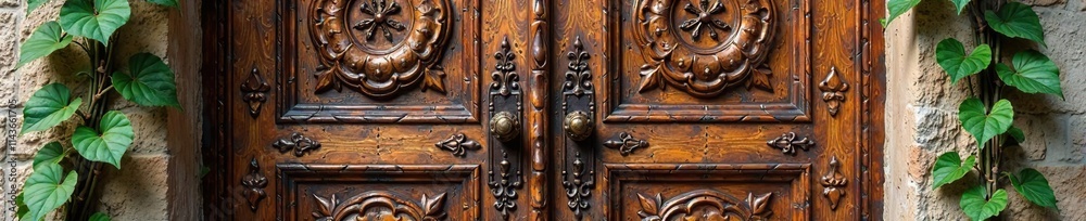 A wooden door with intricate carvings and vines, vines, ornate A wooden door with intricate carvings and vines, vines, ornate
