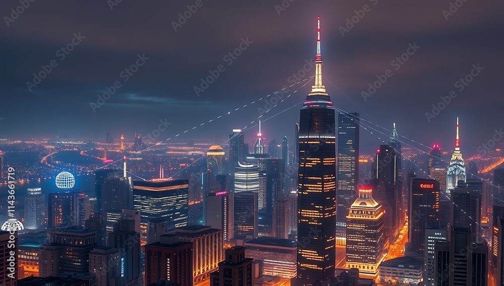 Fototapeta premium Night cityscape illuminated skyscrapers city skyline
