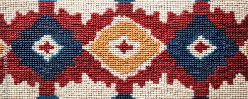 middle east hospitality concept. A vibrant textile pattern featuring geometric shapes in red, blue, orange, and cream, showcasing intricate craftsmanship and traditional design elements.