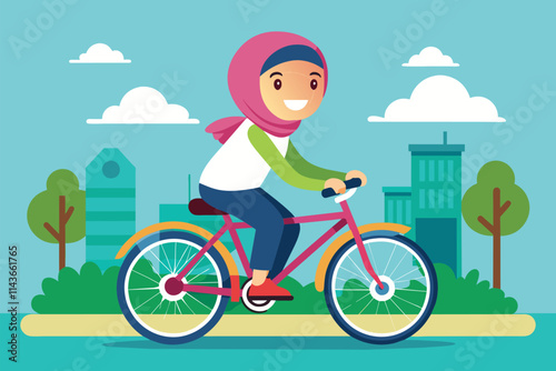 A cheerful Muslim girl rides her bicycle joyfully through a colorful urban park under bright blue skies Muslim girl happily riding a bicycle, flat illustration