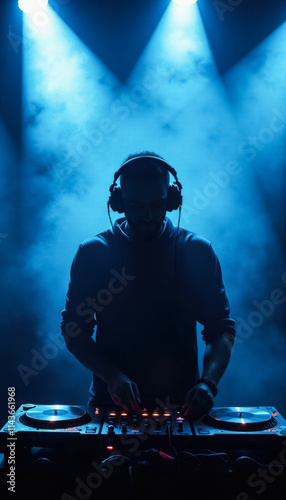 A silhouette of a DJ mixing music on a stage with dramatic blue lighting and smoke effects in the background