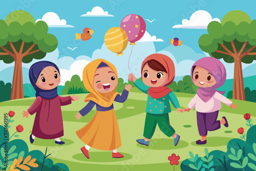 Four Muslim girls are happily playing in a park, enjoying colorful balloons amidst lush greenery Muslim girls playing in a park.