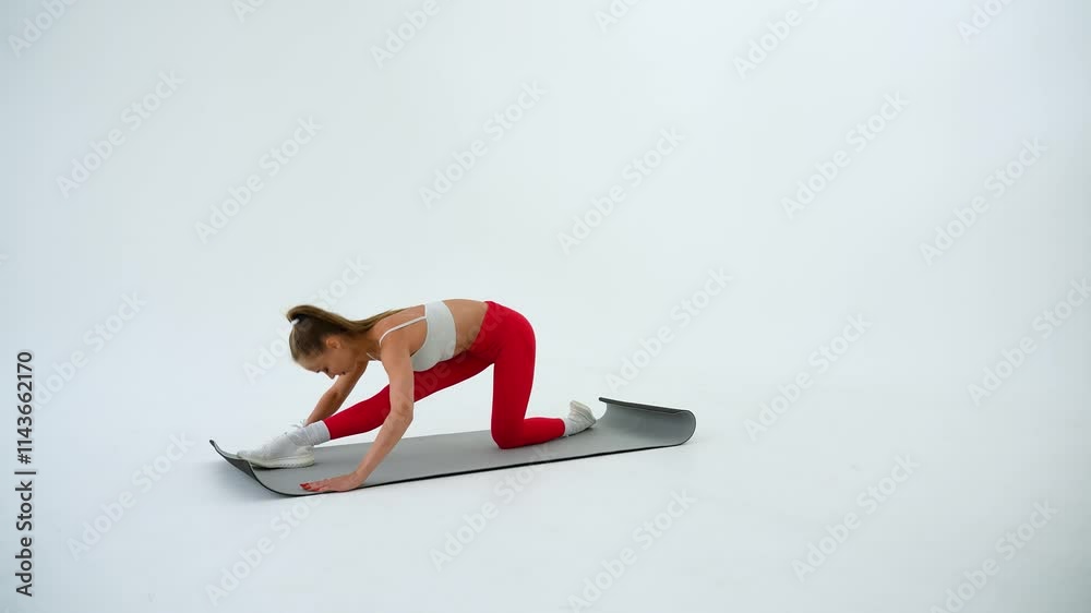 Young woman doing splits exercises on white background.