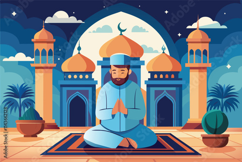 A man prays quietly in a mosque, surrounded by elegant architecture and a serene evening sky Muslim praying in mosque, flat illustration