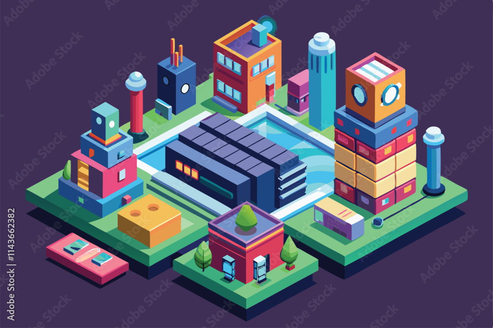 An isometric view showcases a colorful cityscape featuring various buildings and a waterway Need a customizable isometric illustration ASAP. An isometric view showcases a colorful cityscape featuring various buildings and a waterway Need a customizable isometric illustration ASAP.