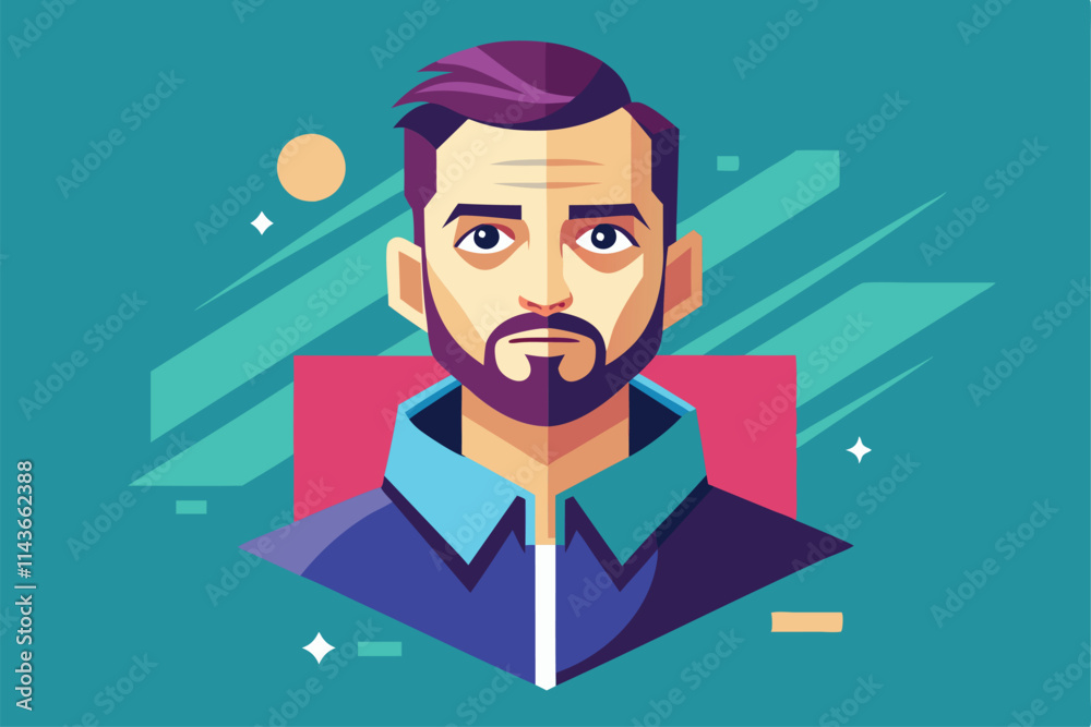 A confident man with a beard gazes upward, wearing a blue shirt and set against a colorful background Need a quick and personalized flat illustration. A confident man with a beard gazes upward, wearing a blue shirt and set against a colorful background Need a quick and personalized flat illustration.