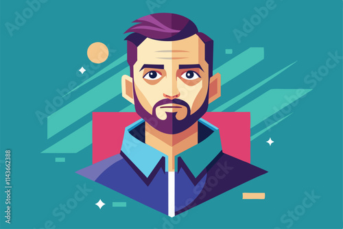 A confident man with a beard gazes upward, wearing a blue shirt and set against a colorful background Need a quick and personalized flat illustration.