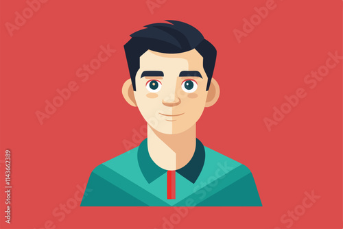 A friendly young man with dark hair and a light blue shirt smiles warmly against a vibrant background Need a quick and personalized flat illustration.