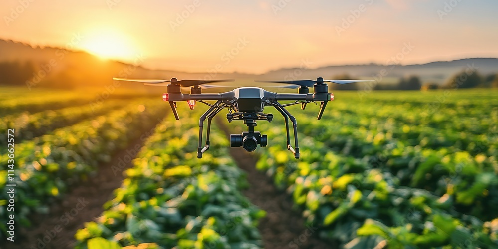 A drone flies over a vibrant green field at sunset, showcasing the integration of technology in modern agricultural practices. A drone flies over a vibrant green field at sunset, showcasing the integration of technology in modern agricultural practices.