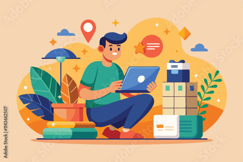 A person sits on the floor, focused on a laptop surrounded by plants, boxes, and decor in a creative workspace Need flat illustration ASAP that can be customized.