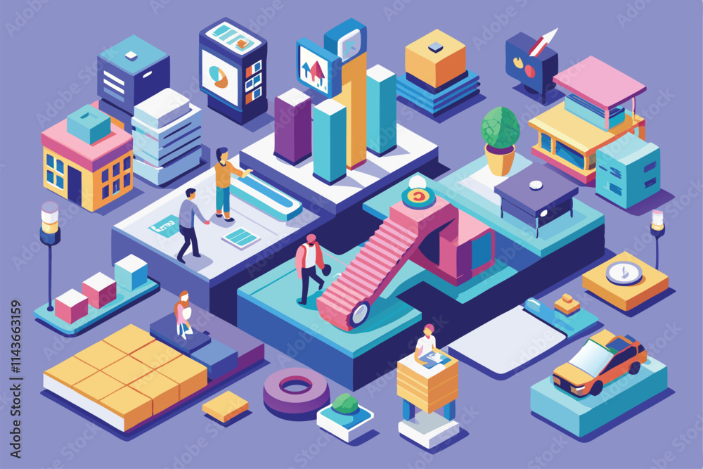 A vibrant isometric illustration showing people interacting with buildings and various objects New customizable isometric illustrations. A vibrant isometric illustration showing people interacting with buildings and various objects New customizable isometric illustrations.