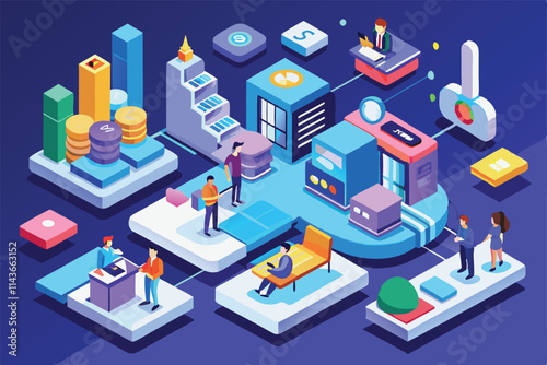 A dynamic workspace features various characters engaged in activities like analyzing, collaborating, and planning New customizable isometric illustrations.