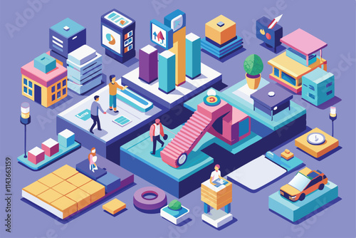 A vibrant isometric illustration showing people interacting with buildings and various objects New customizable isometric illustrations.