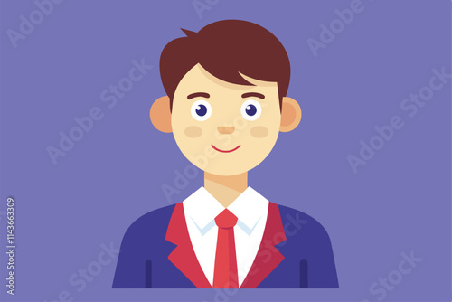 A customizable character representation of a new employee in formal attire on a purple background New employee illustration that can be customized and is flat in style.