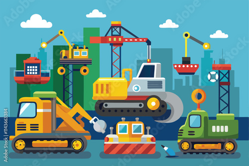 Different construction machines work together in a colorful city skyline to create basic visual designs New machines for building, simple picture