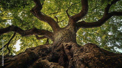 Thick branches of chestnut tree, composition from branches to roots. Lower angle photo