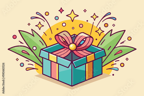 A delightful gift box with a bow sits amidst vibrant decorations, celebrating a joyful occasion Nice surprise, simple drawing