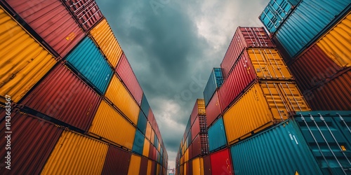 A vibrant view of stacked shipping containers under a moody sky, creating a striking contrast of colors and industrial ambiance.