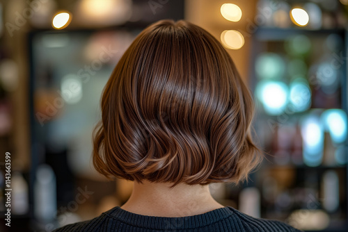 A woman with a short bob cut in a salon