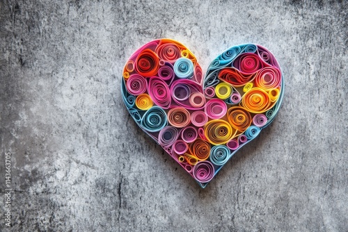 heart shape made of colorful paper quilling lines on concrete background, Valentine's Day concept 