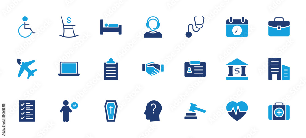 Set of Life Insurance blue icon. Calendar, Disable, Life Insurance, Rest, Customer Care, Stethoscope, Portfolio, Accident, Laptop, Checklist, Agreement, Id Card, Bank, Building vector illustration. Set of Life Insurance blue icon. Calendar, Disable, Life Insurance, Rest, Customer Care, Stethoscope, Portfolio, Accident, Laptop, Checklist, Agreement, Id Card, Bank, Building vector illustration.