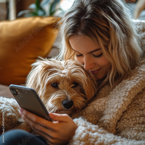 A woman is sitting on a couch with her dog and looking at her phone. The dog is laying on her lap and he is enjoying the attention. Concept of warmth and companionship between the woman and her pet