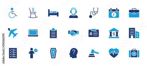 Set of Life Insurance blue icon. Calendar, Disable, Life Insurance, Rest, Customer Care, Stethoscope, Portfolio, Accident, Laptop, Checklist, Agreement, Id Card, Bank, Building vector illustration.	