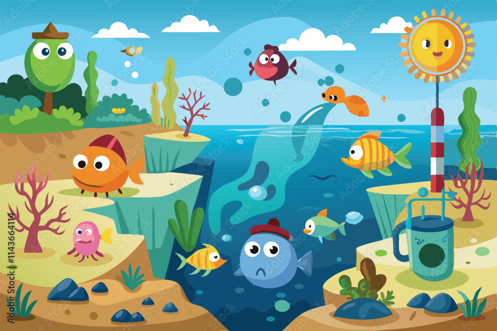 The illustration shows a vibrant underwater ecosystem affected by ocean acidification, featuring diverse sea creatures Ocean acidification cartoon illustration The illustration shows a vibrant underwater ecosystem affected by ocean acidification, featuring diverse sea creatures Ocean acidification cartoon illustration