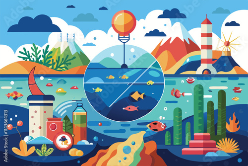 Illustration depicts ocean acidification effects on marine ecosystems and their vibrant biodiversity Ocean acidification is shown in a disproportionate and customizable way.