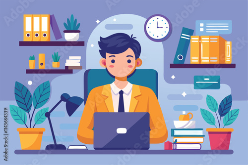 An office administrator works diligently at a computer in a bright and organized workspace surrounded by plants Office administrator trending, flat illustration.