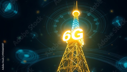 Illuminated Six G Tower Nighttime Futuristic Communication photo