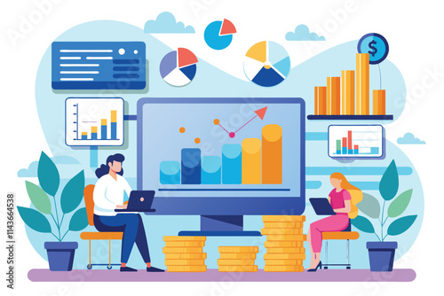 Two professionals analyze financial data on a large screen while seated at their desks with visual aids Office finance data is showing a steady trend with no significant changes.