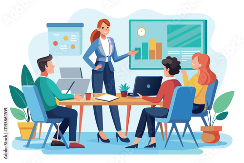 An office secretary delivers a presentation to her colleagues in a stylish meeting environment Office secretary giving a presentation at a meeting, illustrated in a flat style.