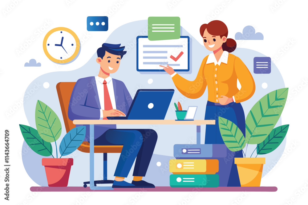 An office worker interacts with a manager while completing tasks at a bright and organized workspace Office worker completing tasks with manager, flat illustration.