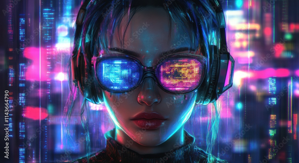 A cyberpunk character portrait of an adult female wearing glasses A cyberpunk character portrait of an adult female wearing glasses