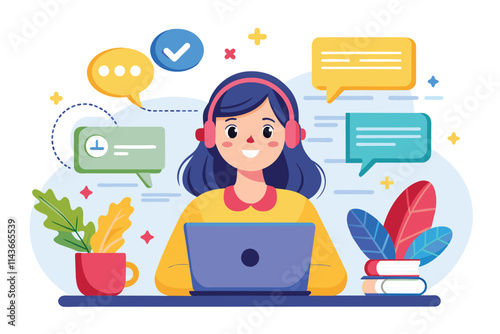 A cheerful support agent assists customers through online chat while surrounded by plants and books Online customer support chat with flat illustrations.