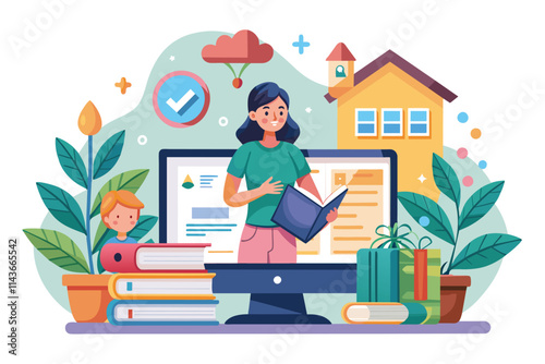 A student engages with online courses at home, surrounded by books and plants while learning Online courses for home education, illustrated in a flat style.