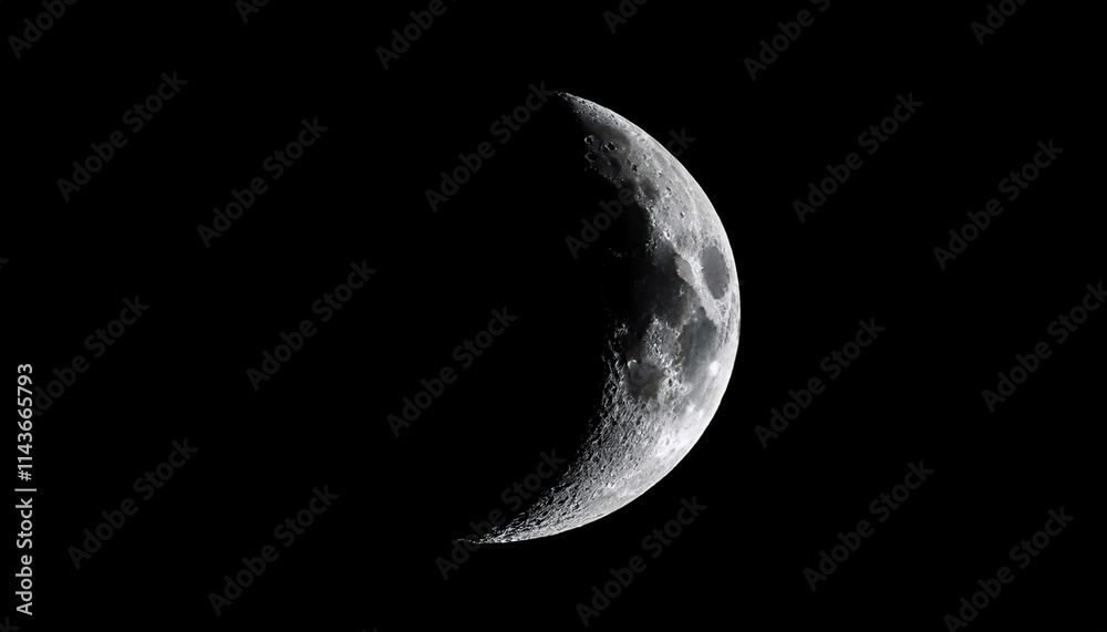 Detailed Crescent Moon in the night sky. Crescent Moon on black background with space
Detailed Crescent Moon in the night sky. Crescent Moon on black background with space