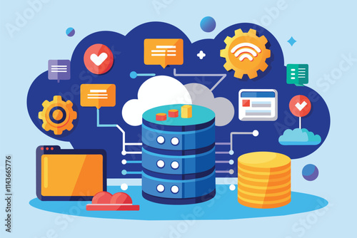 A digital illustration showcases a cloud database with icons symbolizing data storage and communication Online database cloud disk and monitor screen with flat illustration.