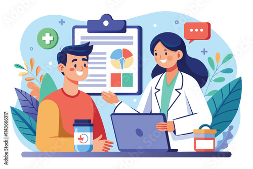 A doctor provides an online consultation, discussing medical options and prescribing medicine to a patient Online doctor prescribes medicine to patient, illustrated in a flat style.