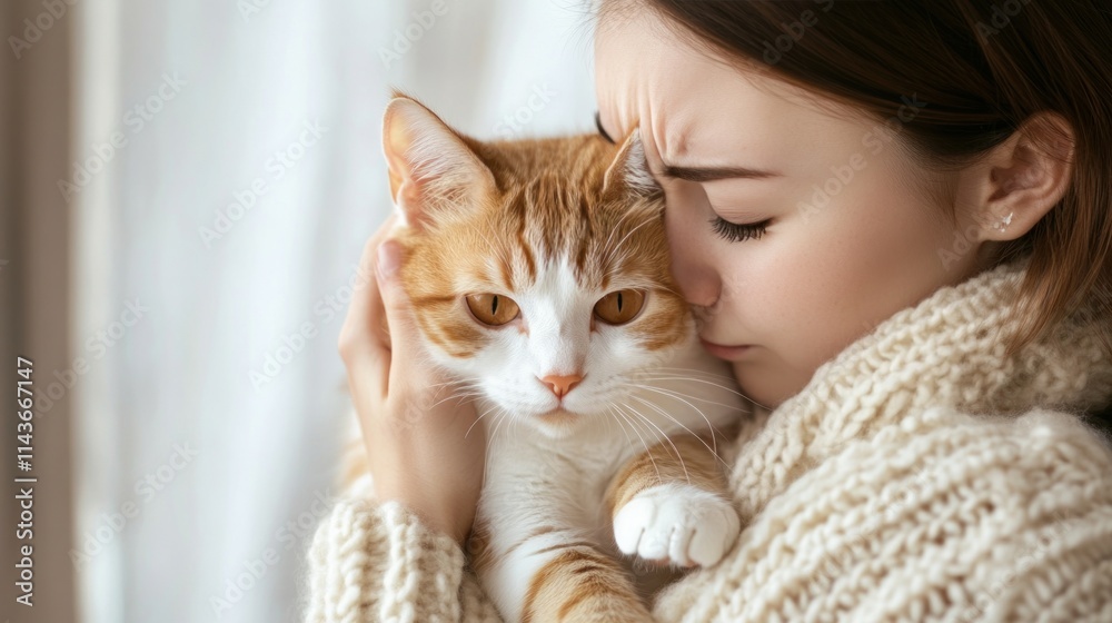 Young woman embracing and showing affection to ginger and white cat Young woman embracing and showing affection to ginger and white cat