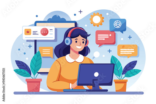 A customer support agent assists clients through online chat in a cozy home office setting Online service or 24/7 customer support chat, flat illustration.
