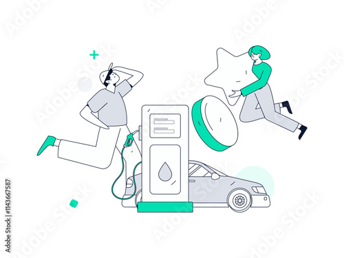 Vector Internet operation hand-drawn illustration of people getting discounts for refueling their cars

