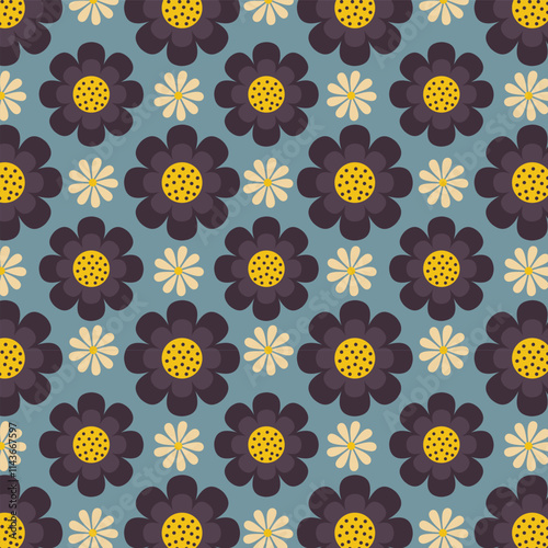 Seamless floral vector pattern with blue and white flowers on sky blue background for fashion, clothing, textile, stationary, packaging and other print.