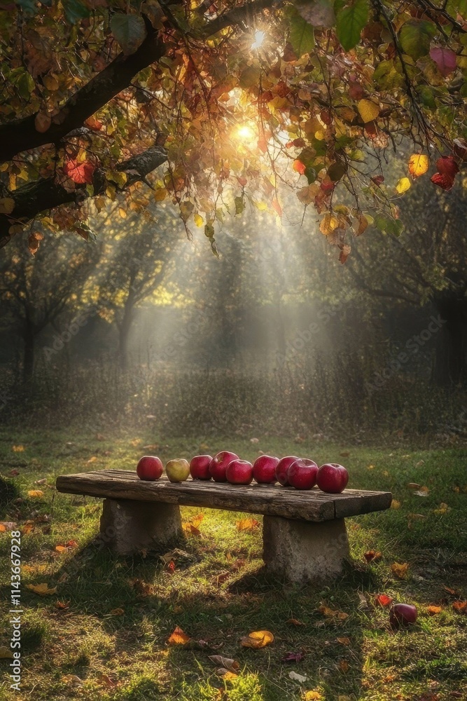Autumn Apples Resting On Rustic Wooden Bench Underneath Tree Autumn Apples Resting On Rustic Wooden Bench Underneath Tree