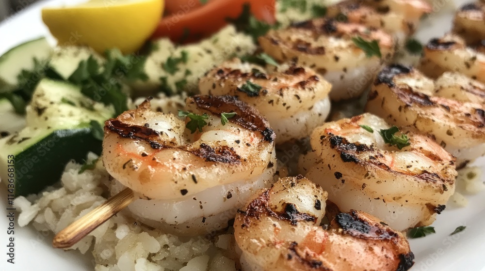 Grilled shrimp skewers served with vegetables and lemon on a plate.