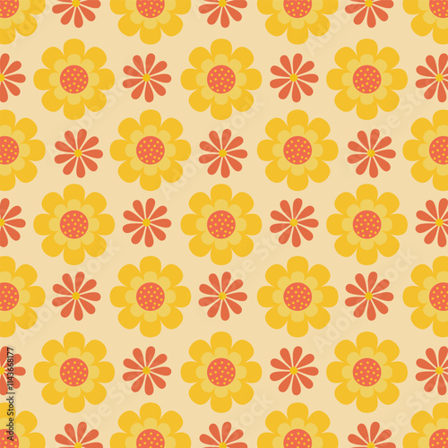 Seamless floral vector pattern with yellow and brown flowers on grey background for fashion, clothing, textile, stationary, packaging and other print.