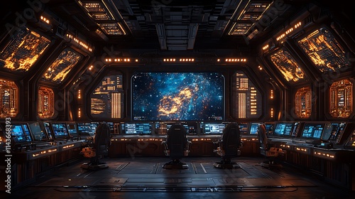 Futuristic Spaceship Bridge Command Center Interior View photo