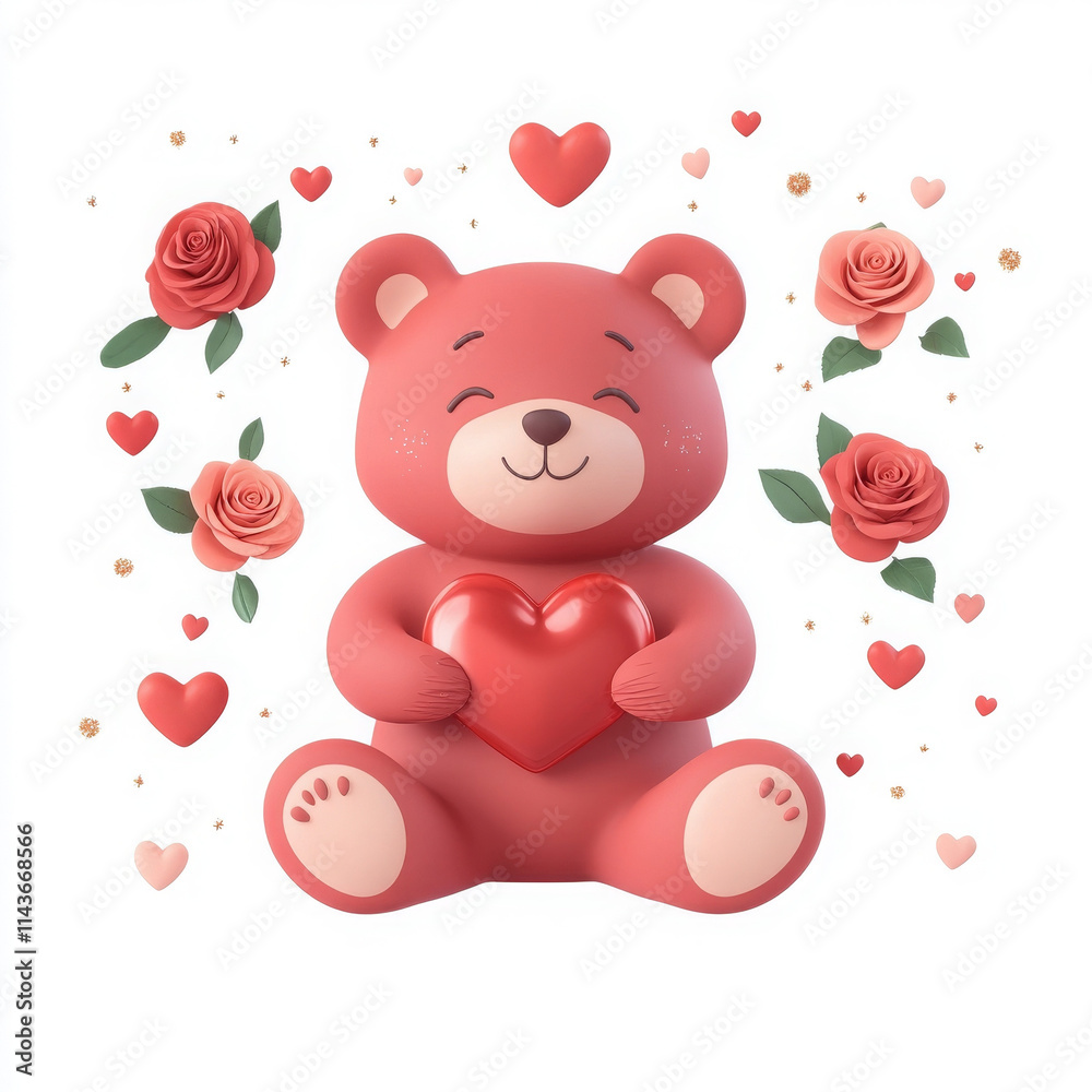 Obraz premium Cute bear holding heart surrounded by roses and hearts, perfect for love